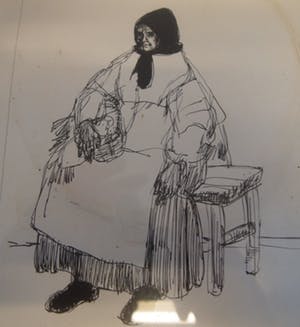 Niet of onleesbaar gesigneerd - Pentekening van een Boerin zittend op een kruk kopen? Bied vanaf 1!