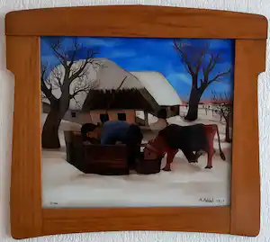 Martin Mehkek - Zima (winter) Boerderij met boer en koe in winterlandschap; naïeve kunst verkocht voor € 195!