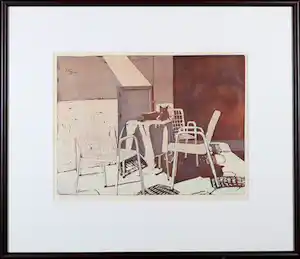 Lucie Meulendijks - Ets en aquatint, Poes op tafel - Ingelijst verkocht voor € 40!