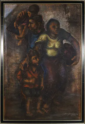 Berry Brugman - Pastel op papier, De vluchtelingen - Ingelijst (Groot) kopen? Bied vanaf 1!