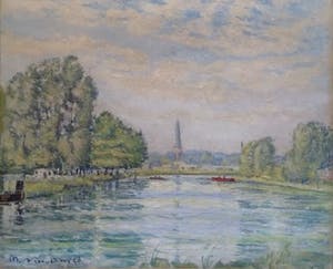 Niet of onleesbaar gesigneerd - Zomer a/d Vliet, 1958 (Toren van Voorschoten o/d achtergrond) kopen? Bied vanaf 1!