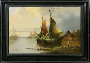 Karl Kaufmann - Olieverf op doek, Vissersboten - Ingelijst verkocht voor € 226!