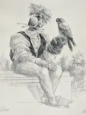Peter Vos - Karakteristiek grafiek "Valkenier" 1970 - monochrome litho - potloodgesigneerd verkocht voor € 78!