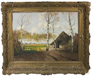 Niet of onleesbaar gesigneerd - Olieverf op doek, Berkenbomen bij een boerderij - Ingelijst kopen? Bied vanaf 1!