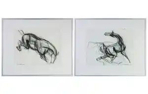 Jon Gardella - Set van twee werken - Houtskool op papier, Paarden - Ingelijst verkocht voor € 60!