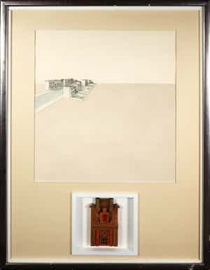 Jeroen Henneman - Tekening en hout assemblage, Gezicht op een straat - Ingelijst (Groot) verkocht voor € 500!