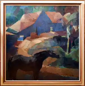 Jan Groenestein - GROOT olieverf op doek - Boerderij met Paarden - 323-B verkocht voor € 450!