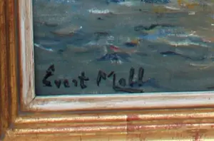 Evert Moll - Ingelijste maroufle (olieverf op doek op board): 3 master in haven kopen? Bied vanaf 699!