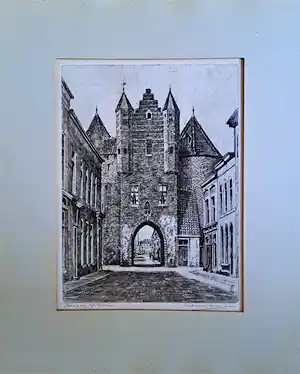 Marius Janssen - Bergen op Zoom- Gevangenpoort vanuit de Lievevrouwestraat verkocht voor € 40!