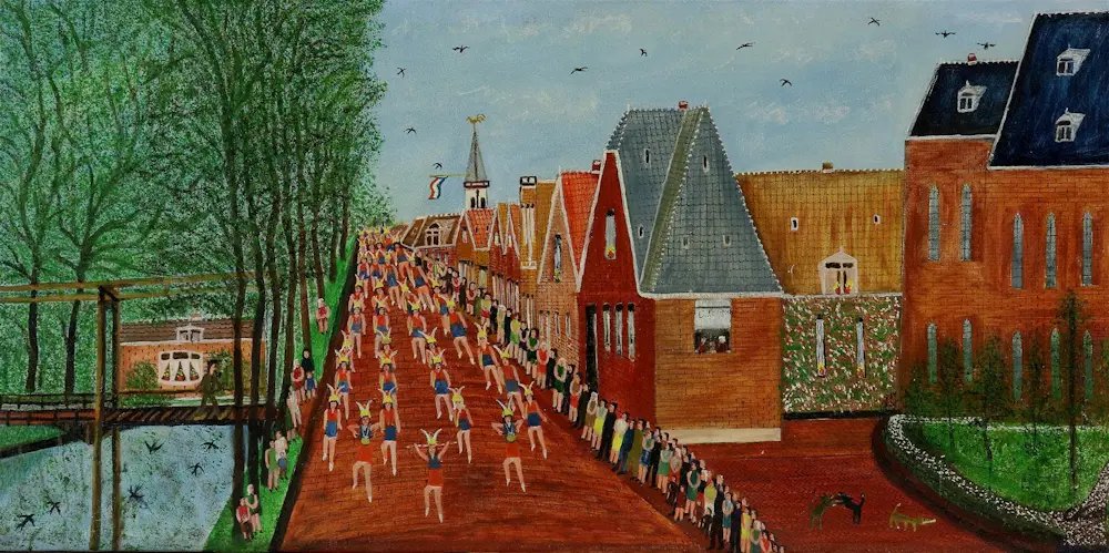 Cornelis Kaay - Ingelijste olieverf op doek: 'Optocht in Niedorp' kopen? Bied vanaf 1495!