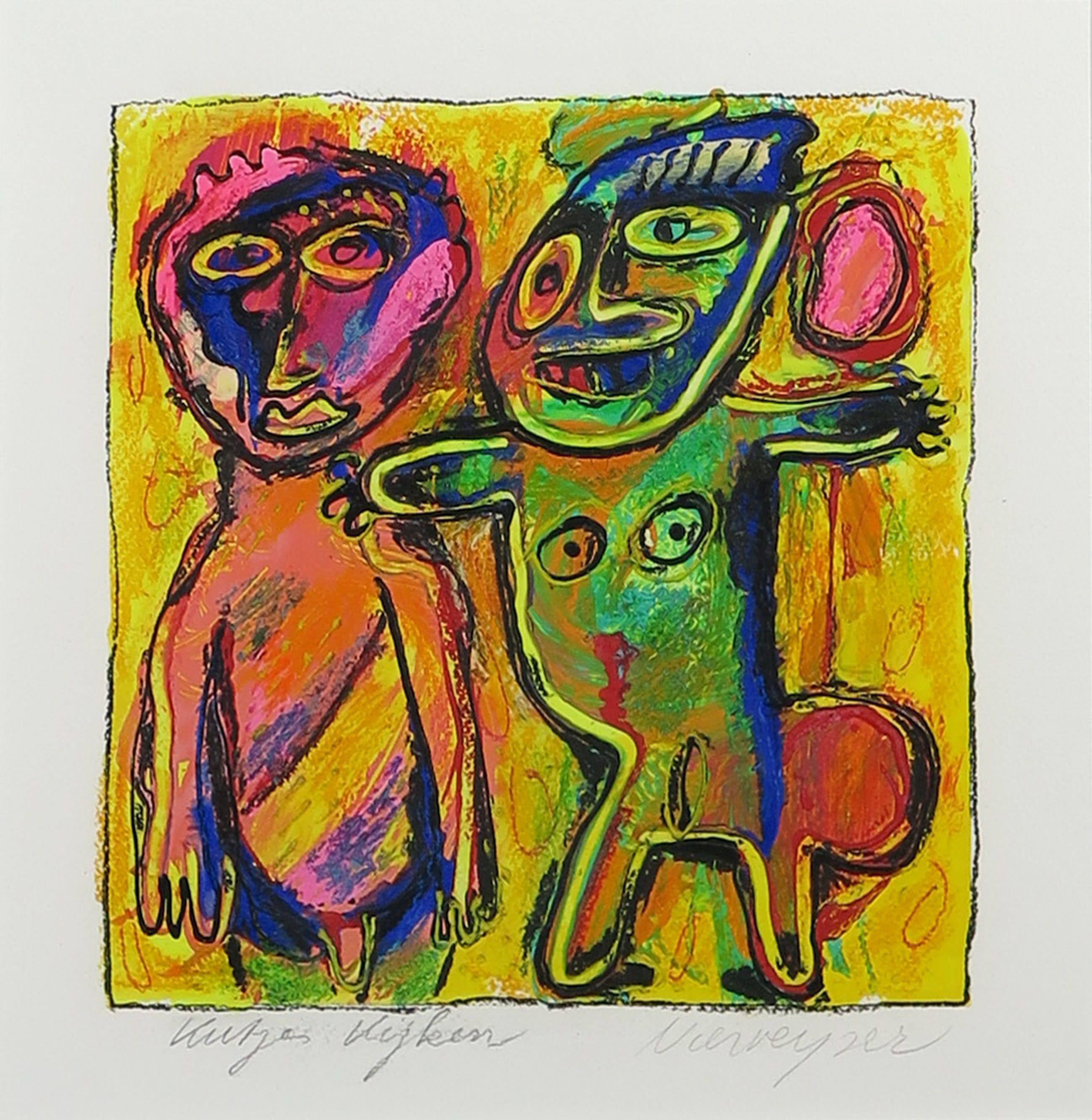 Henk Vierveijzer Gouache op papier, Kutjes kijken Ingelijst