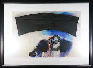 Lei Molin - Inkttekening, Abstracte compositie in rood blauw en zwart - Ingelijst (Zeer groot) verkocht voor € 360!