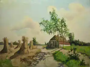 Paul van der Ven - Olieverf op doek , Landschap met boerderij verkocht voor € 80!