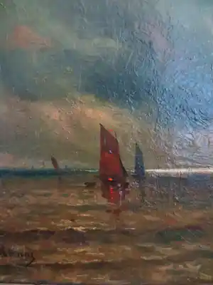 Alfred Stevens - (1823-1906) Zeegezicht Zeilboten verkocht voor € 220!