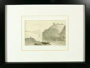 Barend Cornelis Koekkoek - (Toegeschreven aan) - Inkttekening, Rivieroever - Ingelijst verkocht voor € 176!