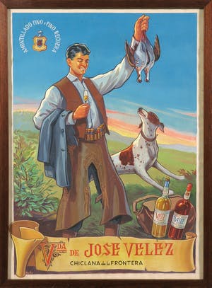 Curiosa - Onbekende kunstenaar - Handgesigneerde gouache, Reclametekening Amontillado Fino Vda de Jose Velez kopen? Bied vanaf 1!