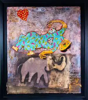 Shahid Parvez - Gemengde techniek op karton, The Elephant - Ingelijst verkocht voor € 350!