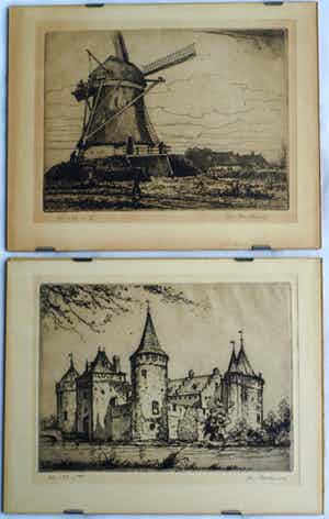 Jan Poortenaar - 2 x Ets , Molen en Kasteel – gesigneerd – ca 1930 verkocht voor € 35!