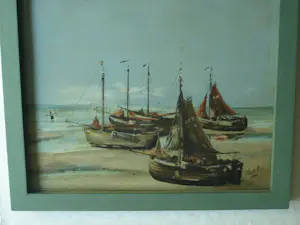 Niet of onleesbaar gesigneerd - Ingelijst, Olieverf op paneel , Vissersboten op het strand - 1888 kopen? Bied vanaf 1!