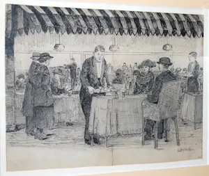 Leo Grijseels - tijdsbeeld jaren 20: het uitgaansleven - fraai ingelijste inkttekening kopen? Bied vanaf 75!