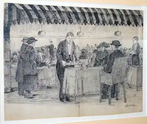 Leo Grijseels - tijdsbeeld jaren 20: het uitgaansleven - fraai ingelijste inkttekening verkocht voor € 75!