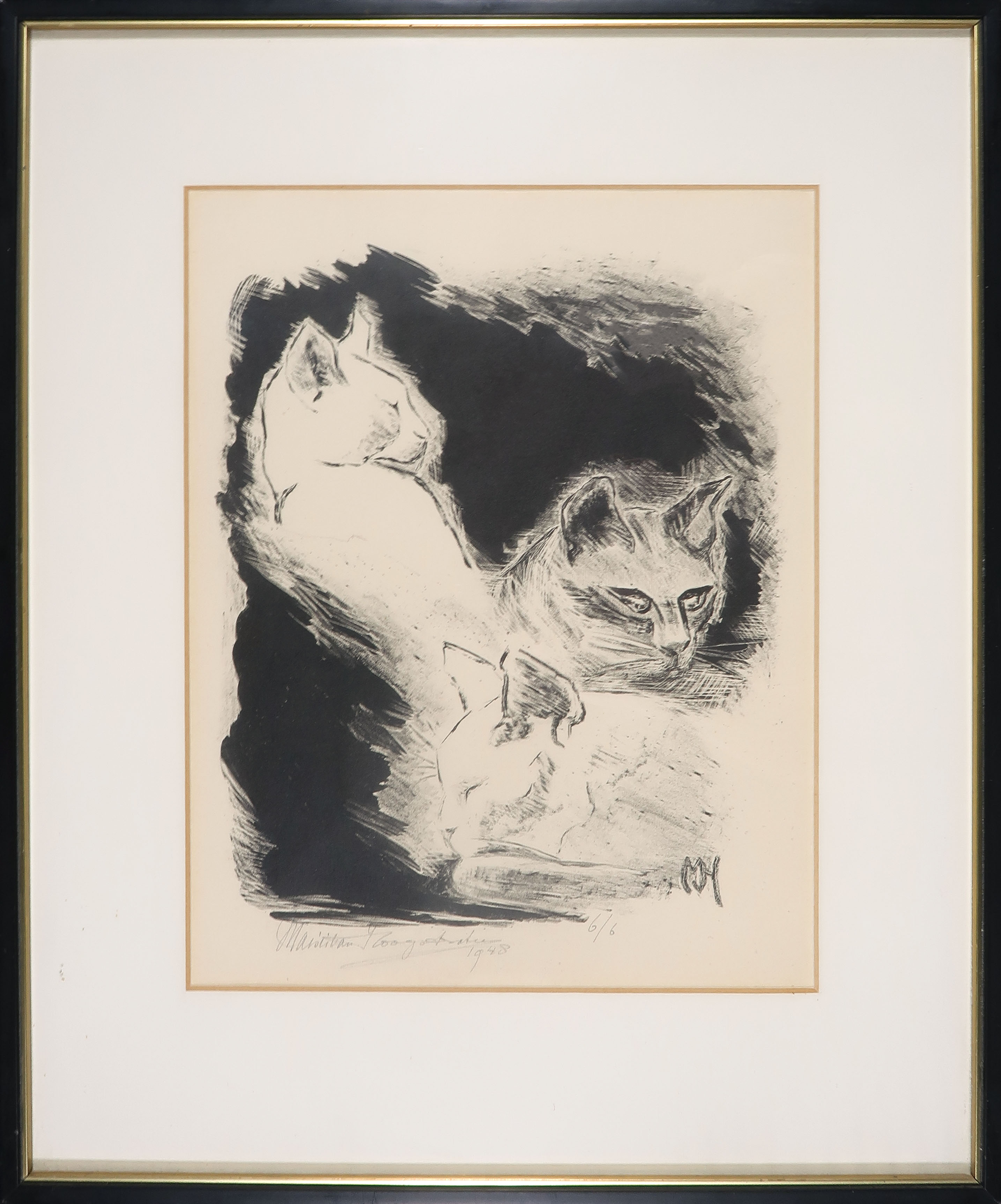 Maria van Hoogstraten - Litho, Drie poezen - Ingelijst kopen? Bied vanaf 35!