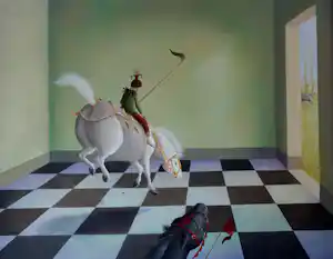 Suzan Visser - Ingelijste olieverf op paneel: 'paardensprong' - 1998 kopen? Bied vanaf 799!