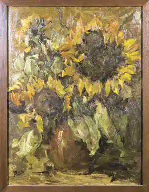 Johannes Dona - Olieverf op board, Zonnebloemen - Ingelijst verkocht voor € 120!