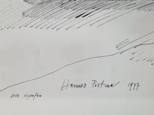 Hannes Postma - Een in 1977 gemaakte grote inkt-tekening "3 nymphen / naaktstrand" kopen? Bied vanaf 63!