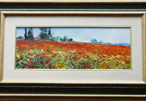 Niet of onleesbaar gesigneerd - Gesigneerd olieverf op paneel schilderij "campo fiorito" - in mooie lijst kopen? Bied vanaf 10!
