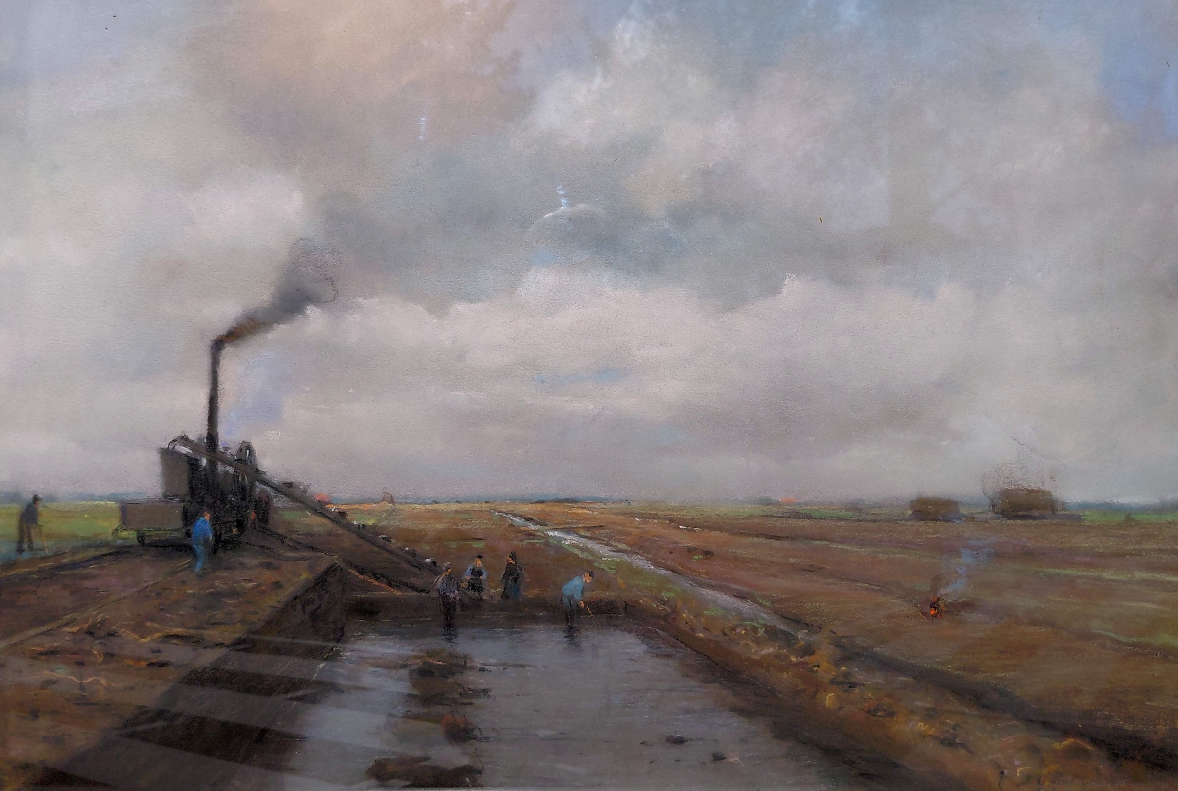 Herman Heijenbrock - Veenbaggeren Drenthe, tekening met pastelkrijt (ingelijst) kopen? Bied vanaf 1000!