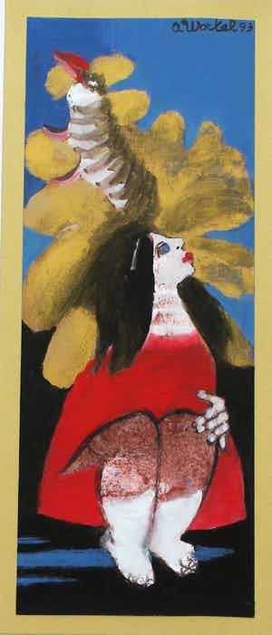 Ans Wortel - Ingelijste gouache: "De vrouw in wiens strot..." - 1993 (mooie lijst!) verkocht voor € 225!