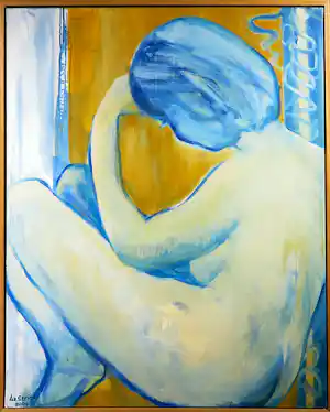 Liz Strick - Olieverf op doek, Blue girl - Ingelijst (Groot) verkocht voor € 181!