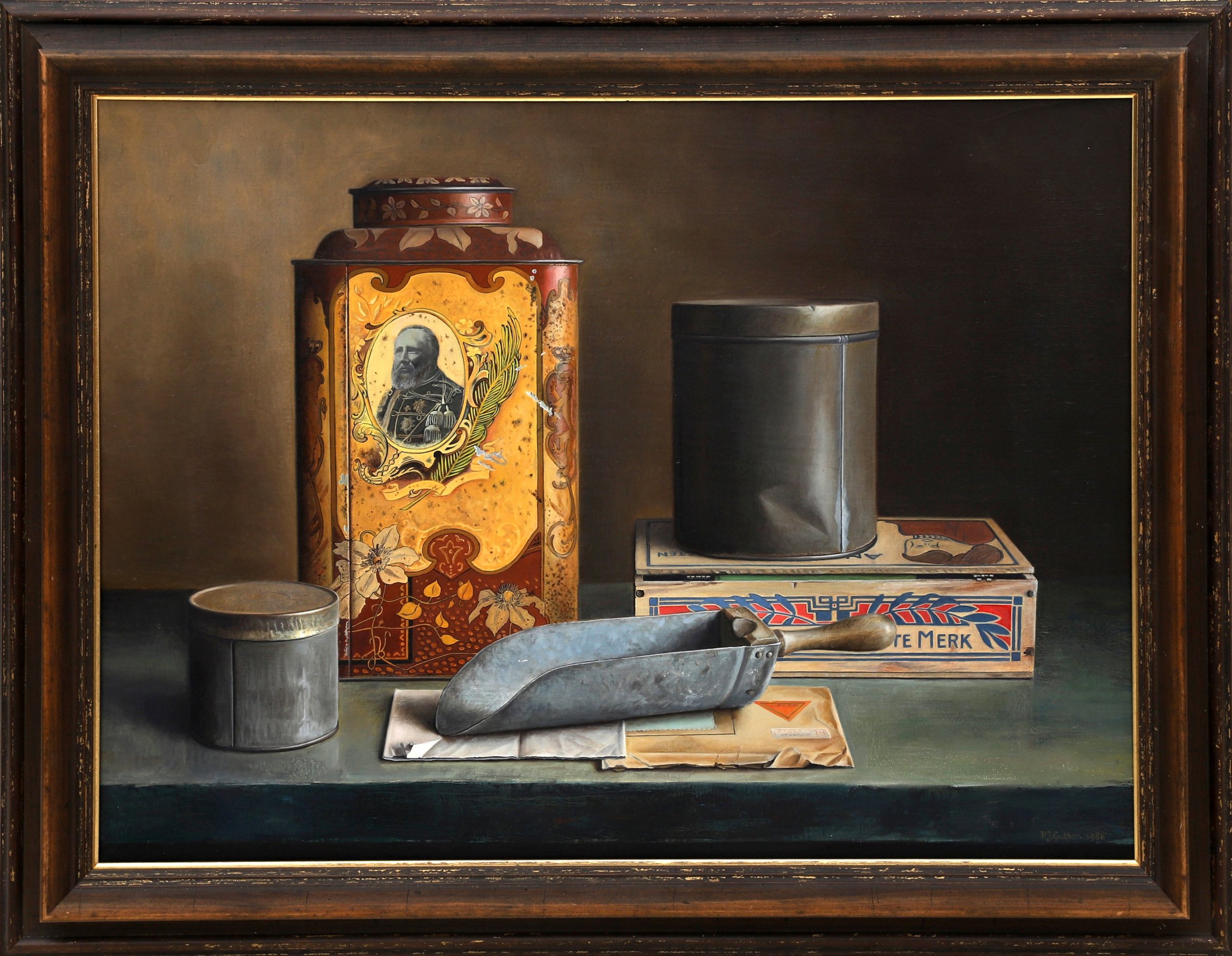 Piet Gutter - Ingelijste olieverf op canvas: Stilleven met kannen - 1988 kopen? Bied vanaf 1995!