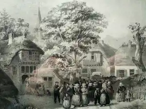 Charles Rochussen - Steendruk van een platteland uitzicht met vele figuren verkocht voor € 10!