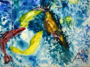 Niet of onleesbaar gesigneerd - Tegeltableau 'Wilde bloem met vogels en vissen' -1985- kopen? Bied vanaf 10!