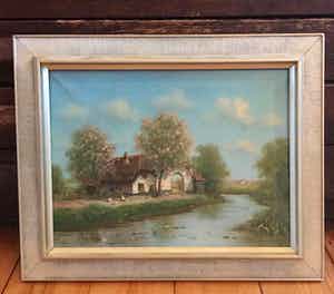 Albert Torringa - Olieverf op doek, Landschap met huisje langs water (ingelijst) verkocht voor € 45!