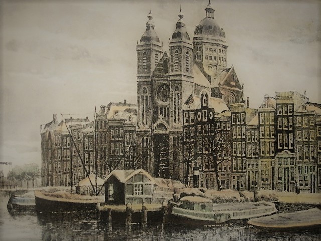 Niet of onleesbaar gesigneerd - Grote kleurenets "Amsterdam Prins Hendrikkade en Nicolaaskerk"  kopen? Bied vanaf 1!