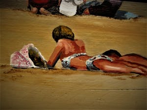 Niet of onleesbaar gesigneerd - Bijzondere op steigerhout geschilderde voorstelling "Zonnigge stranddag" gesign. kopen? Bied vanaf 10!