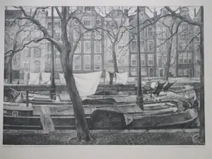 Aart van Dobbenburgh - Wasgoed op Amsterdamse schuiten - Litho kopen? Bied vanaf 35!
