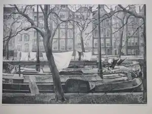 Aart van Dobbenburgh - Wasgoed op Amsterdamse schuiten - Litho kopen? Bied vanaf 35!