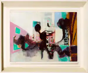Klaas Boonstra - Olieverf op board, Abstracte compositie - Ingelijst verkocht voor € 180!