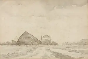 Niet of onleesbaar gesigneerd - Aquarel, Schuur met hooiberg - Ingelijst kopen? Bied vanaf 1!