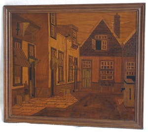 Curiosa - Houtsnijwerk / mozaïek , Stadsgezicht – ingelijst - oud kopen? Bied vanaf 1!