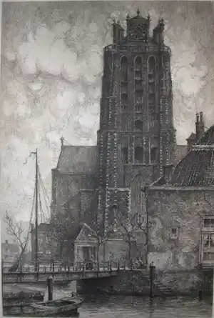 Willem van Nieuwenhoven - De Grote kerk van Dordrecht - ets verkocht voor € 65!