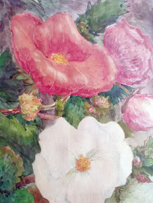 Huibert Antoine Ravenswaay - Stokrozen in de tuin -aquarel circa 1945- kopen? Bied vanaf 145!