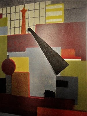 Wim Motz - Bijzondere 1956 geometrische Lithografie "Haven Rotterdam met tanker" handgesign kopen? Bied vanaf 45!