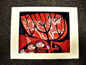 Gerrit de Moree - Grote handgekleurde Linosnede "Kat in de boom" - 1973 - potloodgesigneerd verkocht voor € 52!