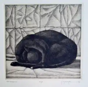 Joop Vegter - Slapende kat "niet storen svp" handgesigneerde mezzotint verkocht voor € 95!