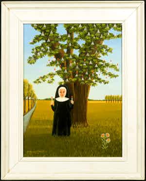 Mieke Hoogendorp - Olieverf op doek, Landschap met non voor boom - Ingelijst verkocht voor € 100!